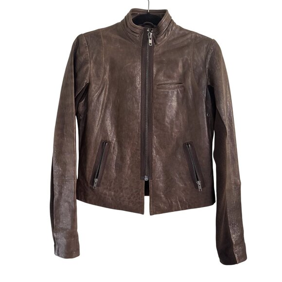 Veda Jackets & Blazers - VEDA‎ Brown Leather Moto Jacket Cropped Zip Front Stretch Panel Women’s XS